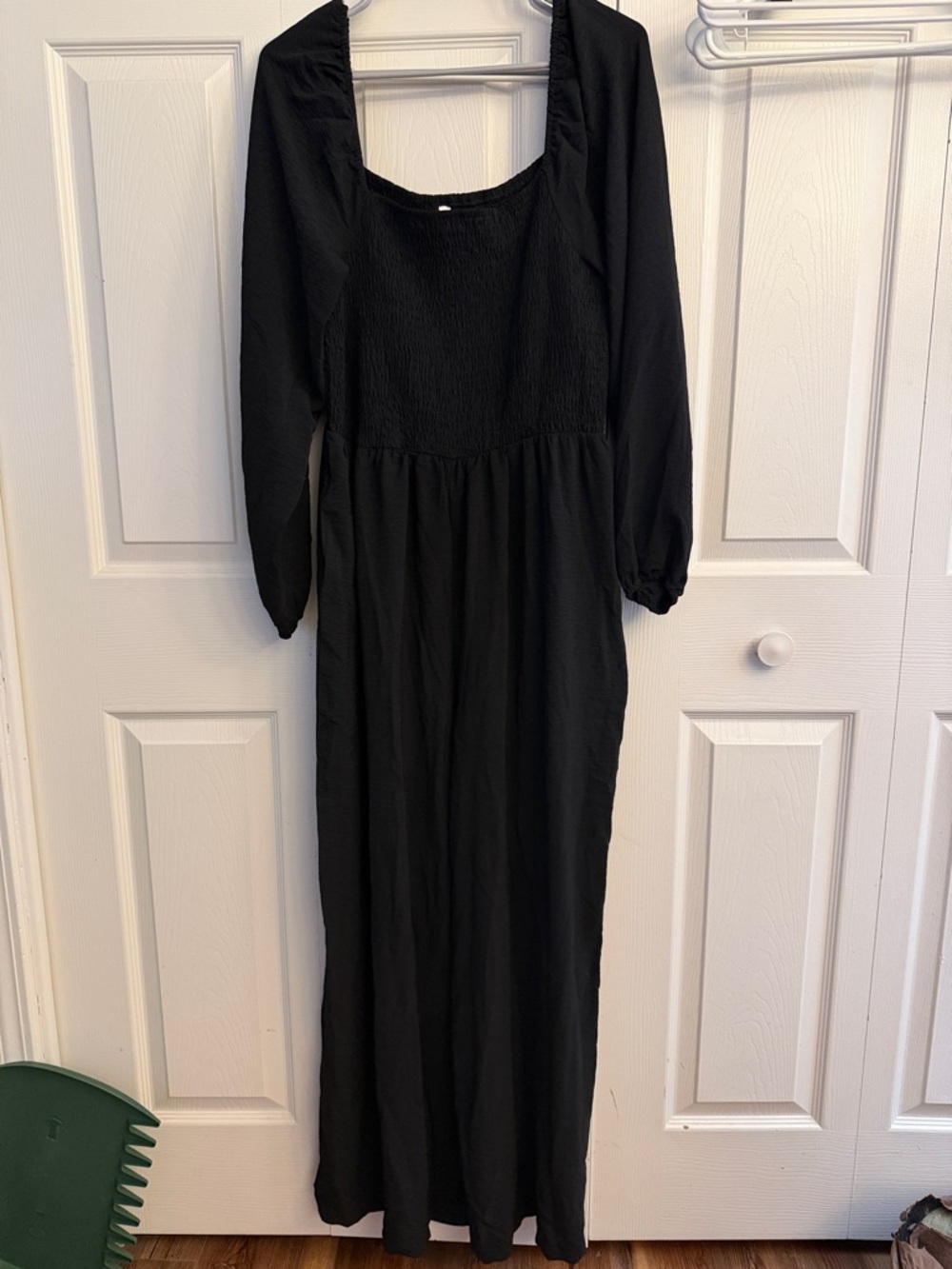 Smocked Square-Neck Black Romper with Long Sleeves